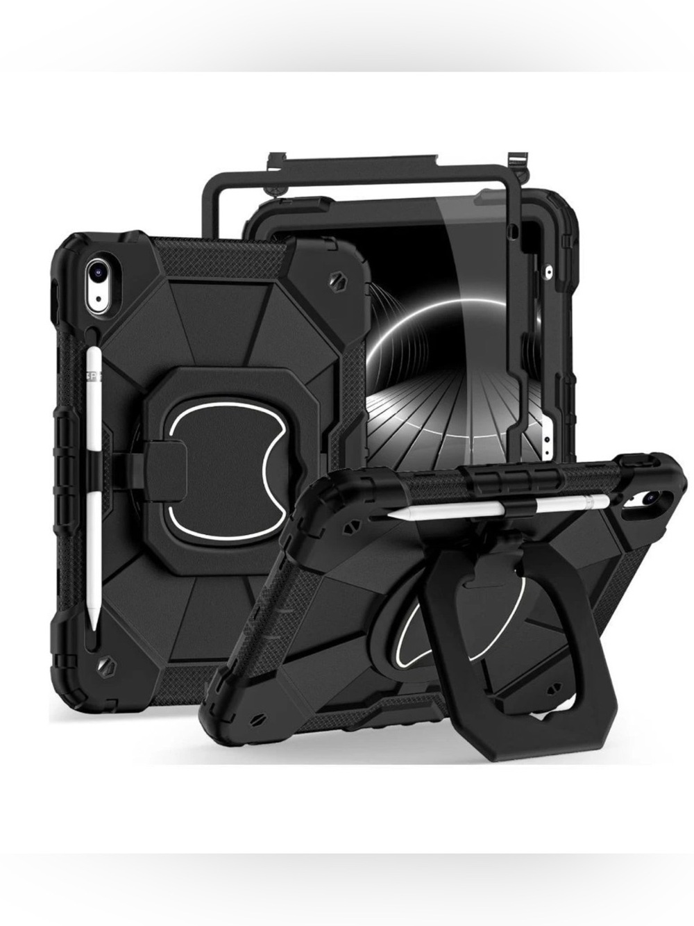 Rugged Black Tablet Case with Kickstand and Pencil Holder